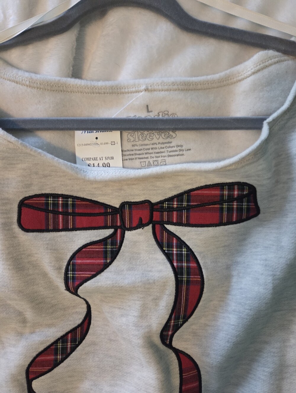 Light Gray Sweatshirt with Red Plaid Bow